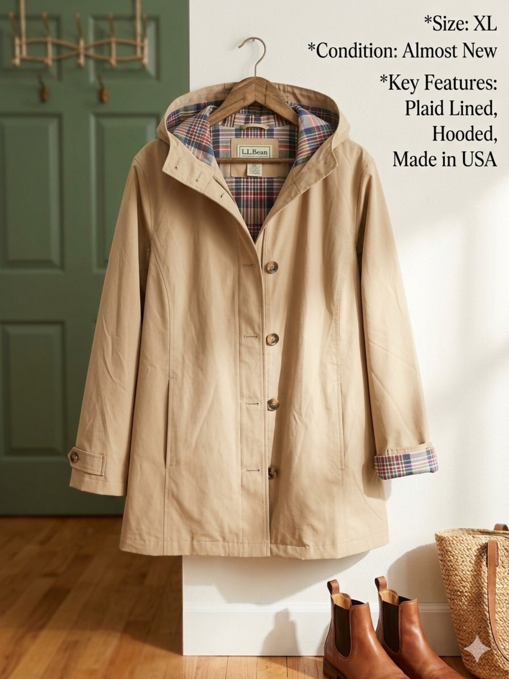 L.L. Bean Light Tan Plaid Lined Hooded Raincoat Jacket XL